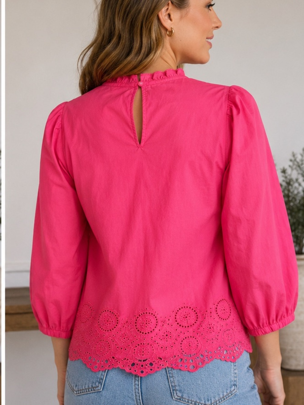 St. John's Bay Bright Pink Eyelet Embroidered Yoke Blouse - Picture 2 of 7